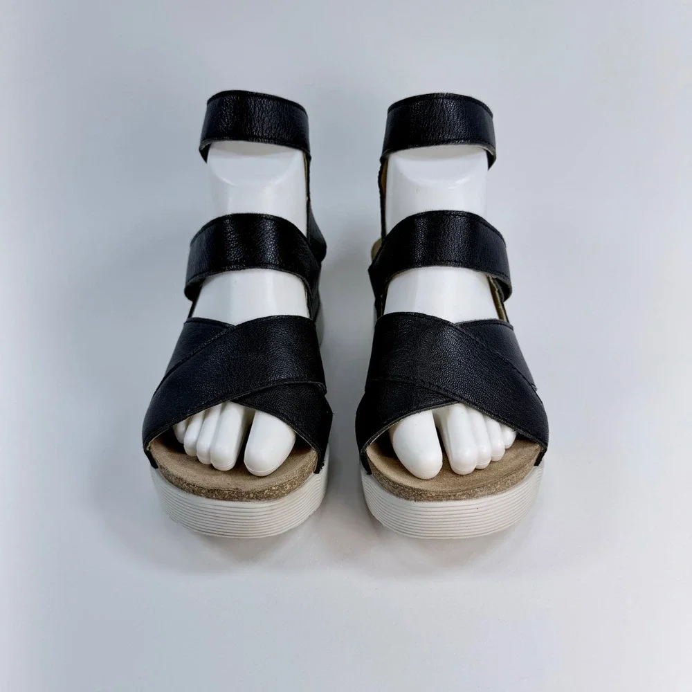 Fly London Black Wege669Fly Leather Wedge Hook & Loop Platform Sandals Womens 37
